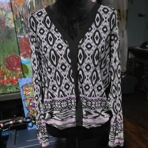bebe Black and White Patterned Blouse with Pink Accents